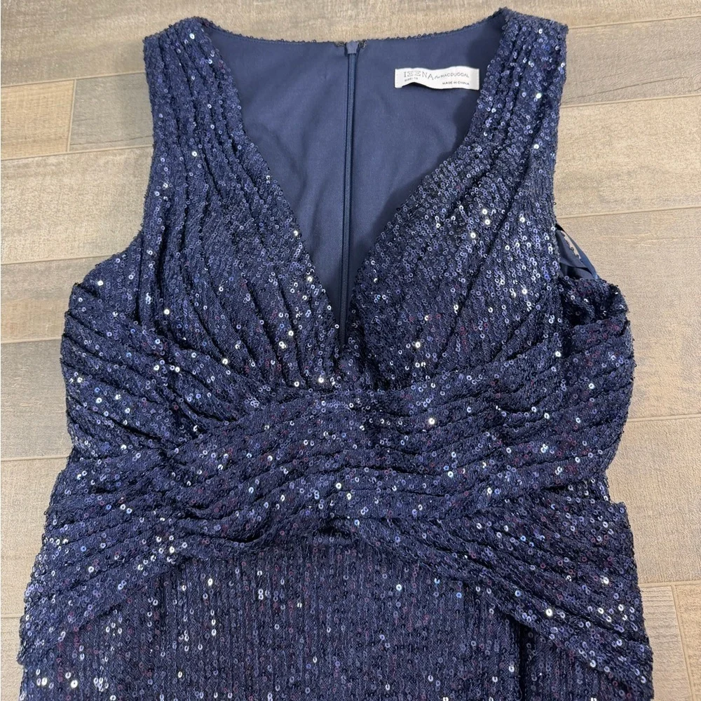 NEW Ieena by Mac Duggal V-Neck Sequin Gown in Navy - Picture 5 of 11